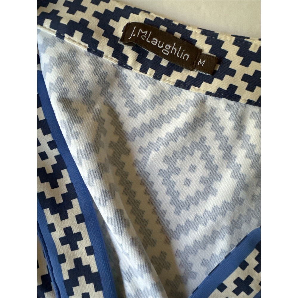 J. McLaughlin A Line V Neck 3/4 Sleeve Side Zip Dress Sz M Blue Geometric Nylon - Picture 7 of 10